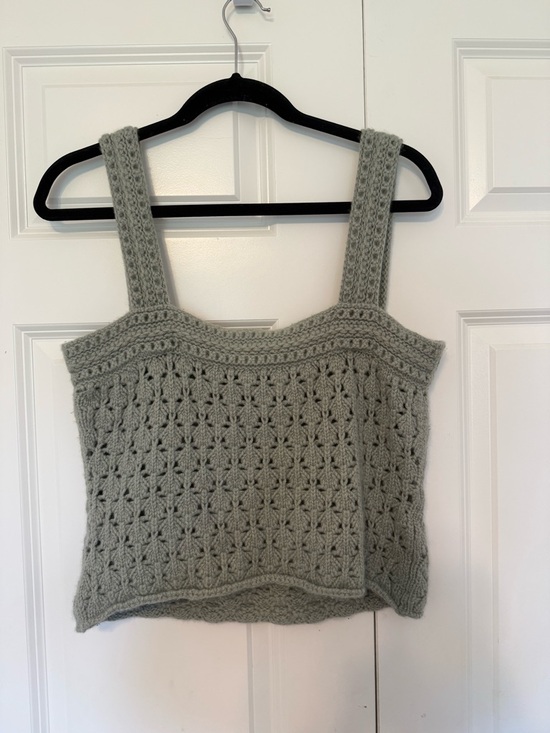 VINCE Sage Green Wool Cashmere Crochet Sleeveless Knit Crop Tank Sweater LARGE - Picture 7 of 7